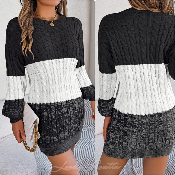 Stylish Color Block Cable-Knit Sweater Dress - Picture 9 of 9